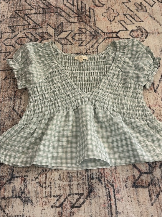PacSun Tops - Sage Green Plaid Smocked Babydoll Blouse S